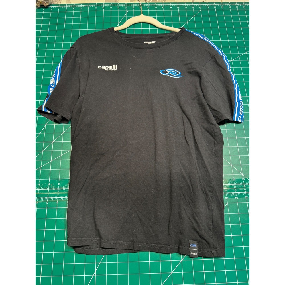 Capelli Sport Mens Soccer Training T-Shirt Black Blue Logo Tape Sleeve Size M